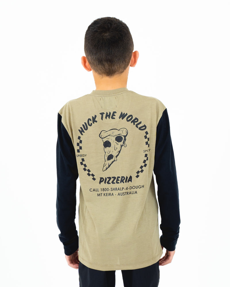 "Pizza" Youth L/S Tech Ride Tee Dusty Olive/Black